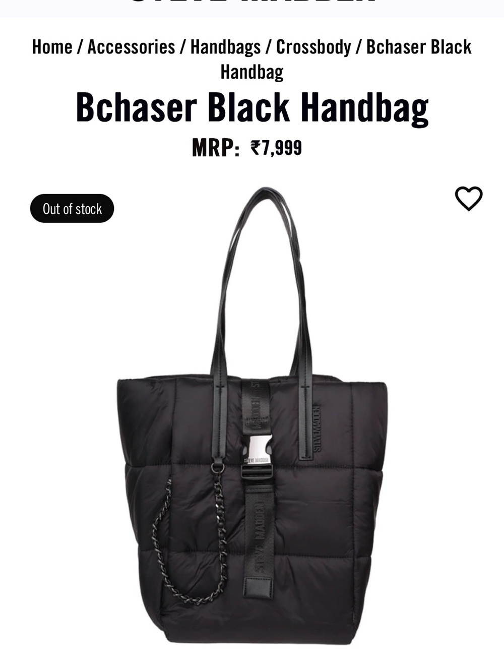 Steve Madden BChaser Black Quilted Tote with Chain and Buckle Accent
